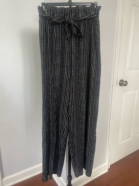 High-Rise Paperbag Waist Black Stripe Wide-Leg Pants